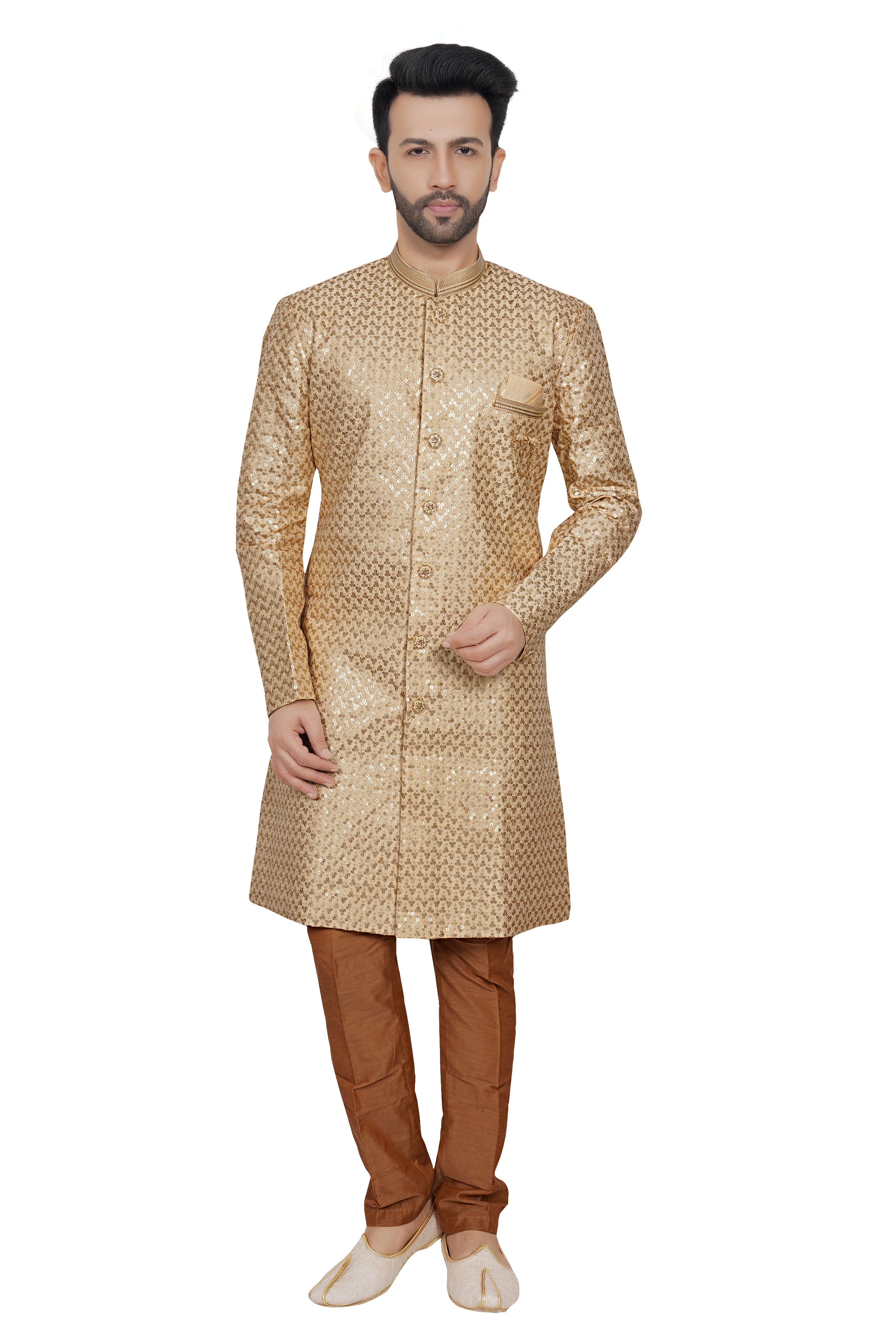 Beige Kurta Pajama Set with Contrasting Brown Waistcoat