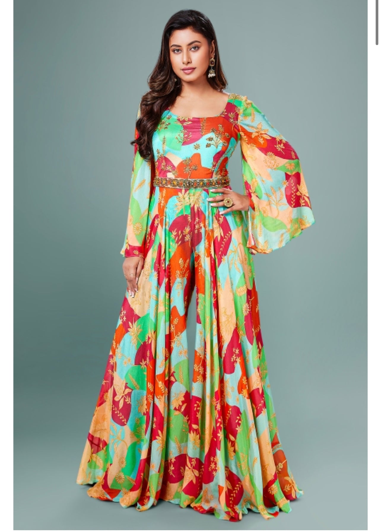 MULTICOLORED FULL LENGTH KURTI WITH BELL SLEEVES