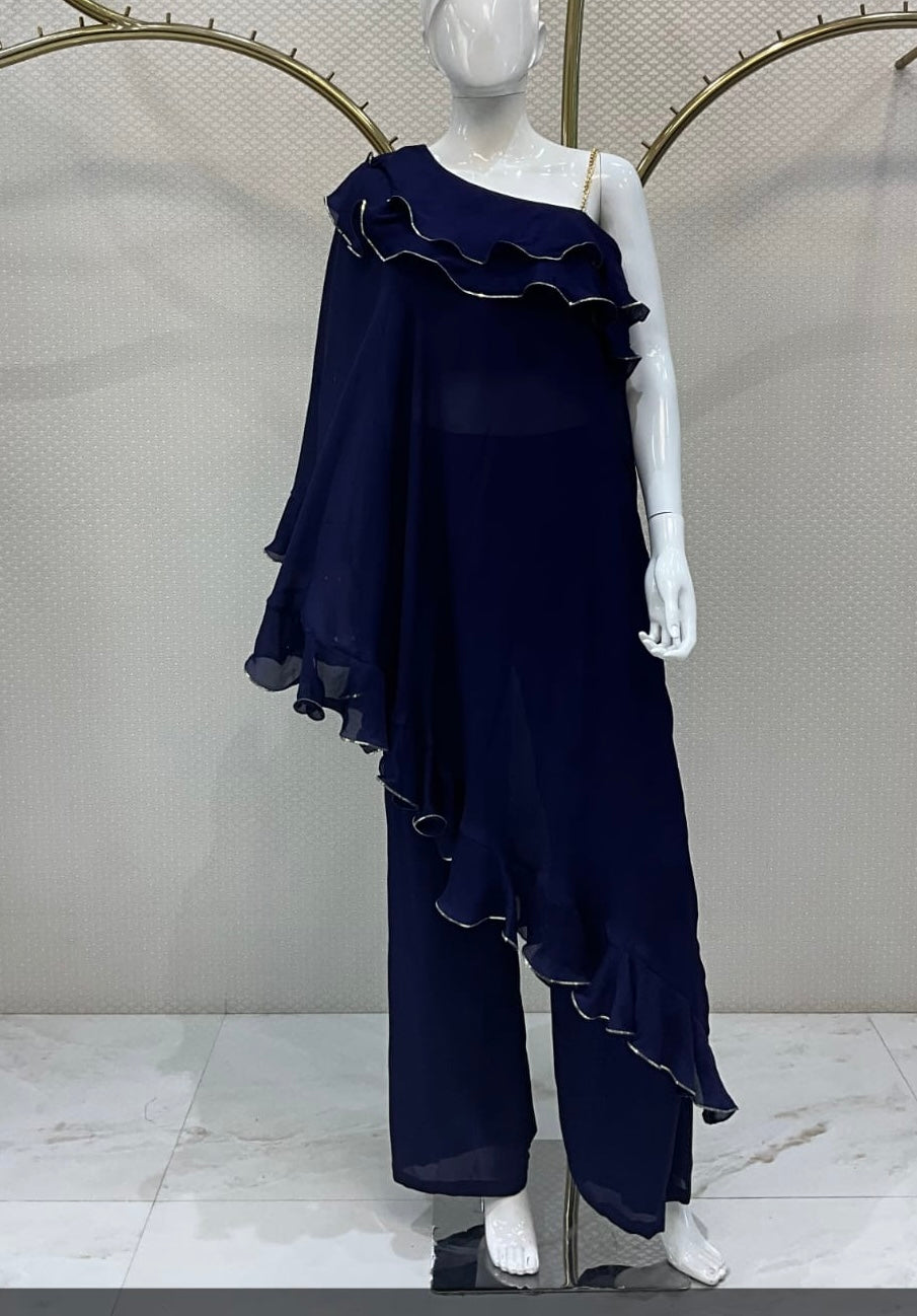 NAVY BLUE COLORED ONE SHOULDER FRILLED CIRCULAR TOP WITH STRAIGHT PANTS
