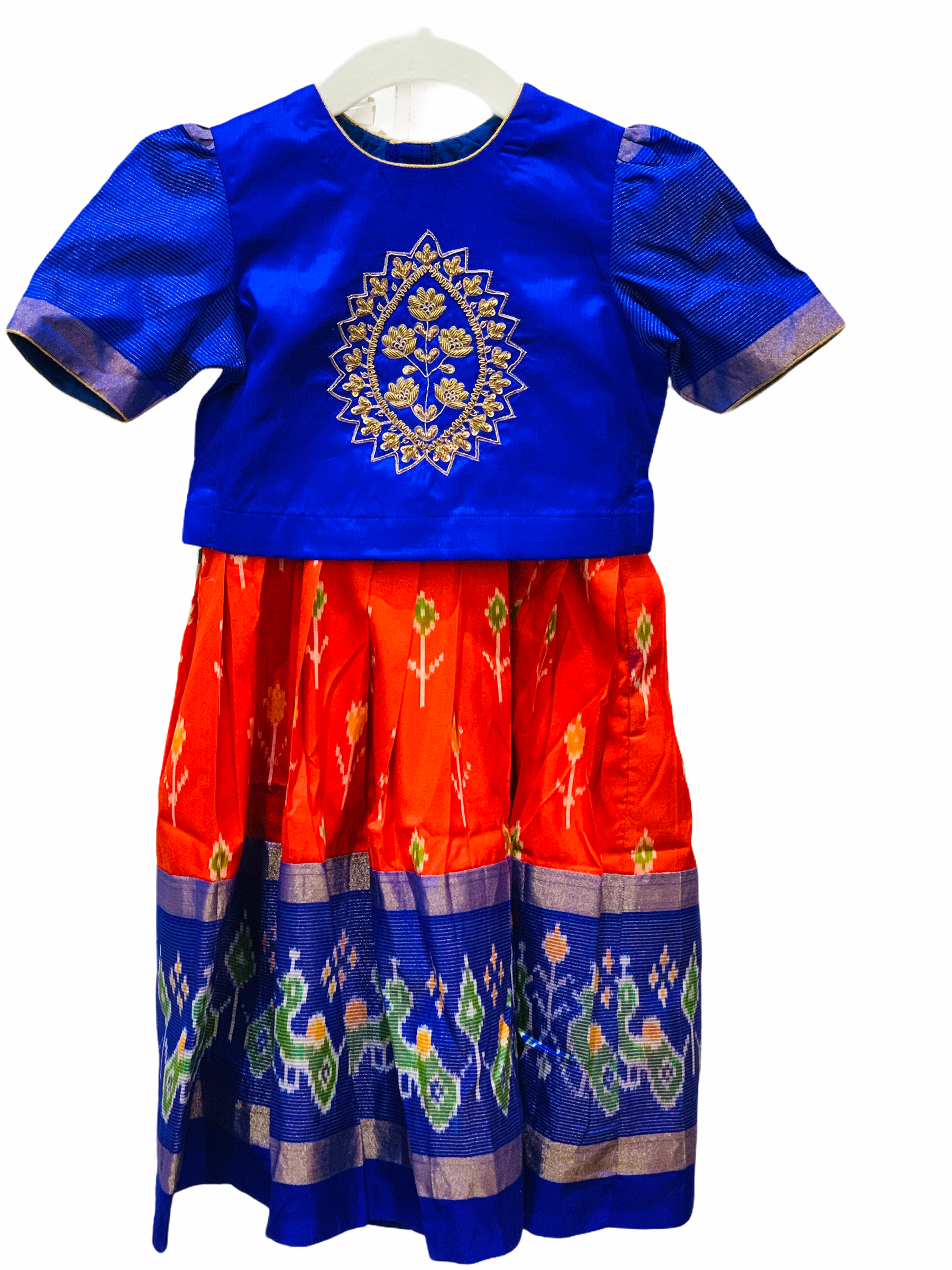 Blue and Red Ikkat Pattu Pavadai Sakkhi Style