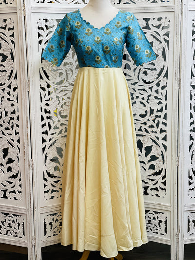 Blue and Cream Long Gown - Sakkhi Style