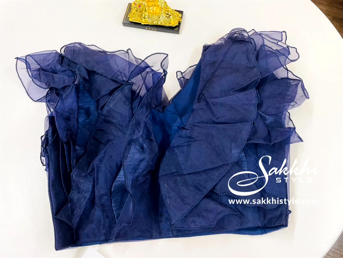 NAVY BLUE BLOUSE WITH RUFFLE SLEEVES - Sakkhi Style