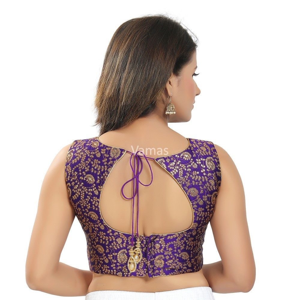 Brocade Padded Back Open Sleeveless Saree Blouse - Sakkhi Style