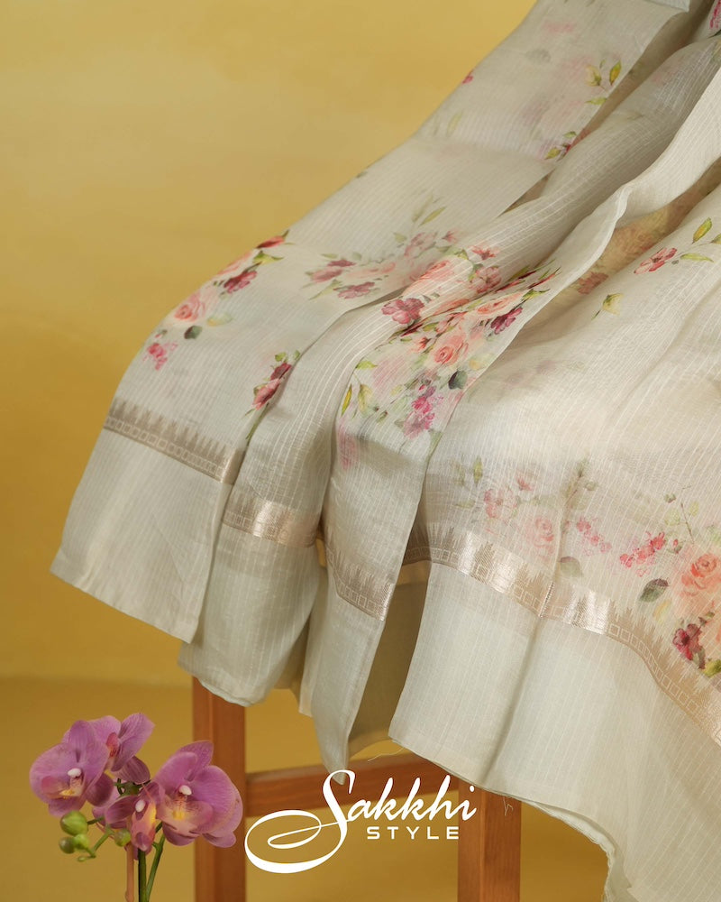 PORCELAIN WHITE PRINTED SAREE WITH BLOUSE