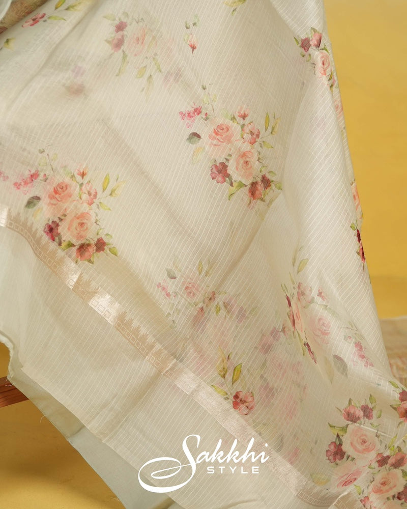 PORCELAIN WHITE PRINTED SAREE WITH BLOUSE