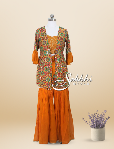 MUSTARD GHARARA SET WITH MULTICOLORED OVERCOAT