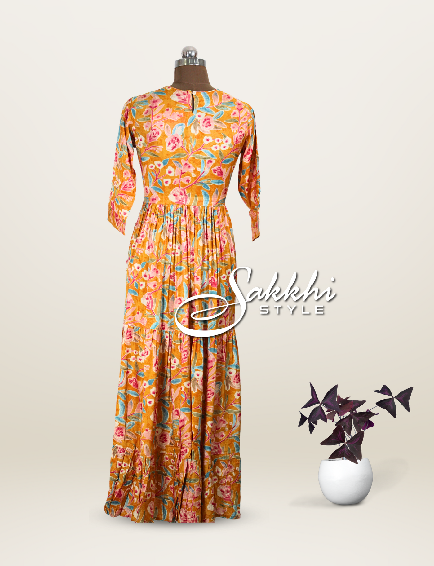 SHEEN GOLD MUSLIN FLOOR LENGTH GOWN WITH FLORAL PRINTS