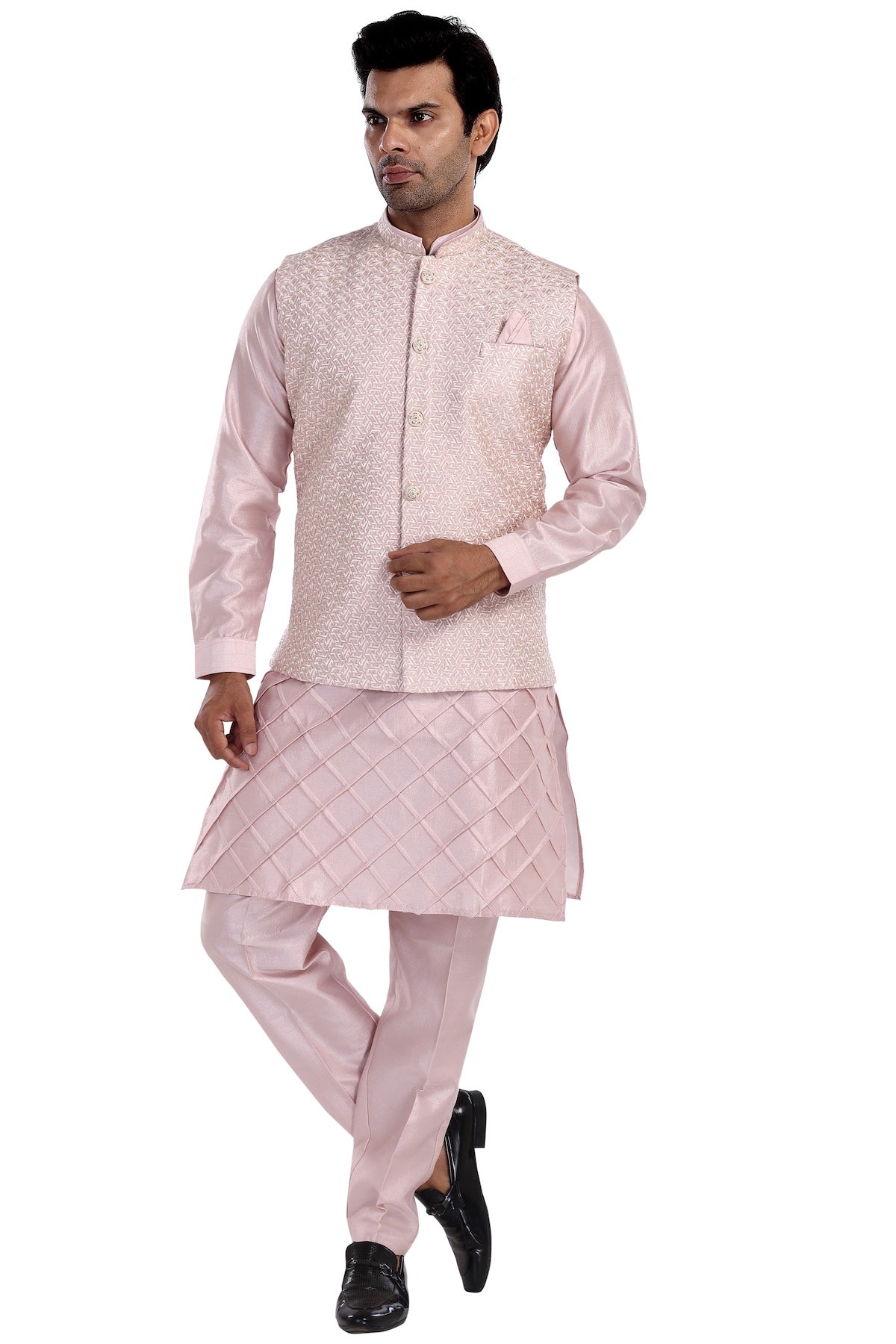 BLUSH PINK KURTA NEHRU JACKET PYJAMA SET