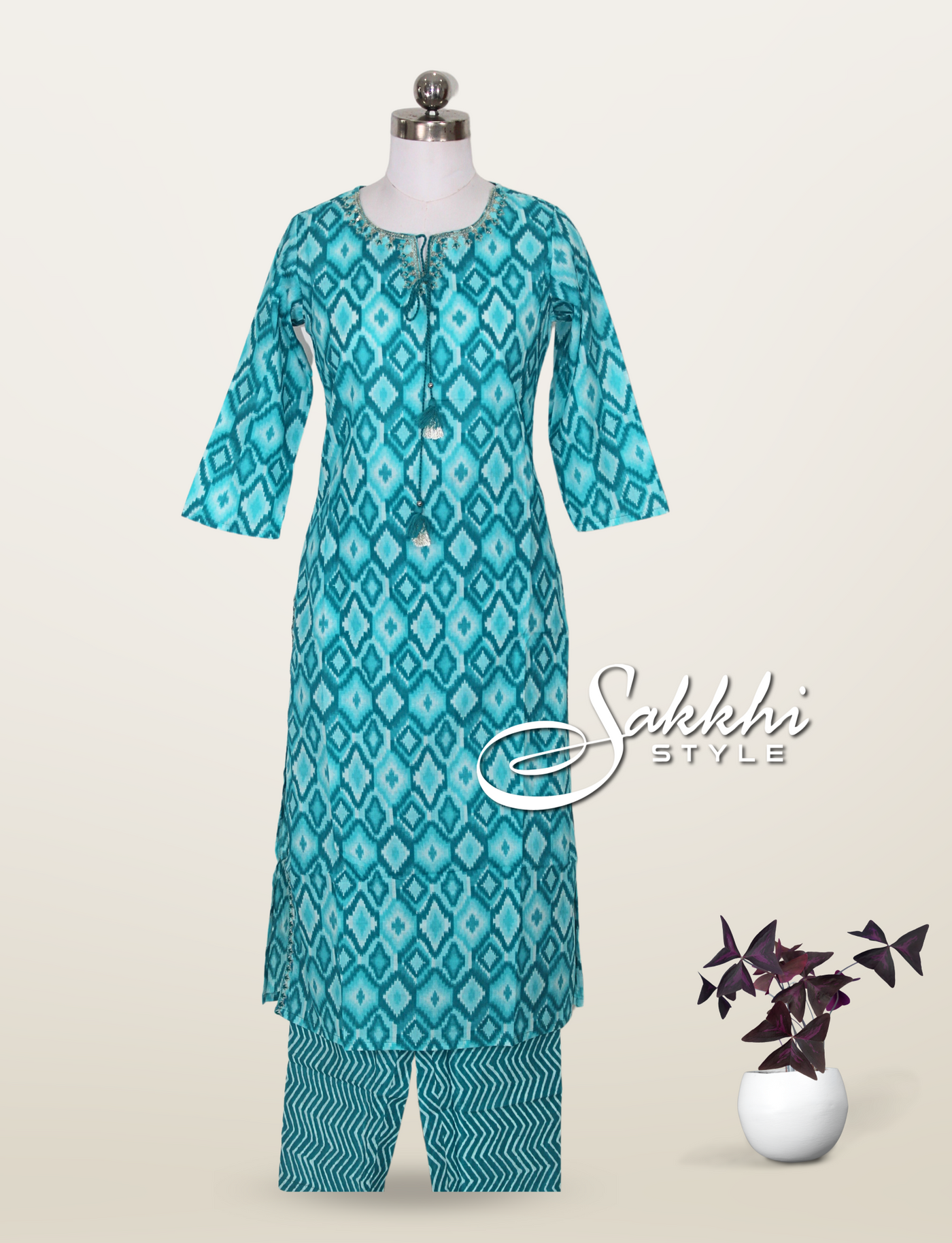 SEA BLUE COTTON KURTI SET WITH PATOLA PRINTS