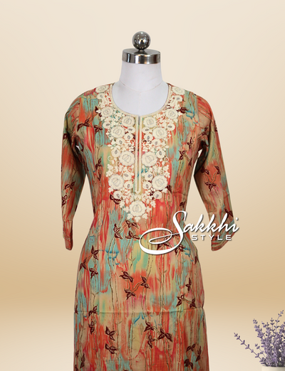 MULTICOLORED RAYON KURTI WITH HIGHLIGHTED NECKLINE