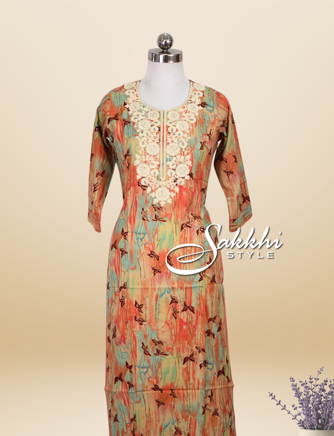 MULTICOLORED RAYON KURTI WITH HIGHLIGHTED NECKLINE