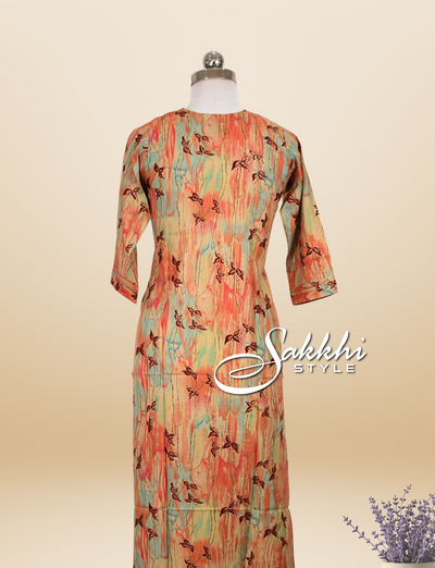 MULTICOLORED RAYON KURTI WITH HIGHLIGHTED NECKLINE