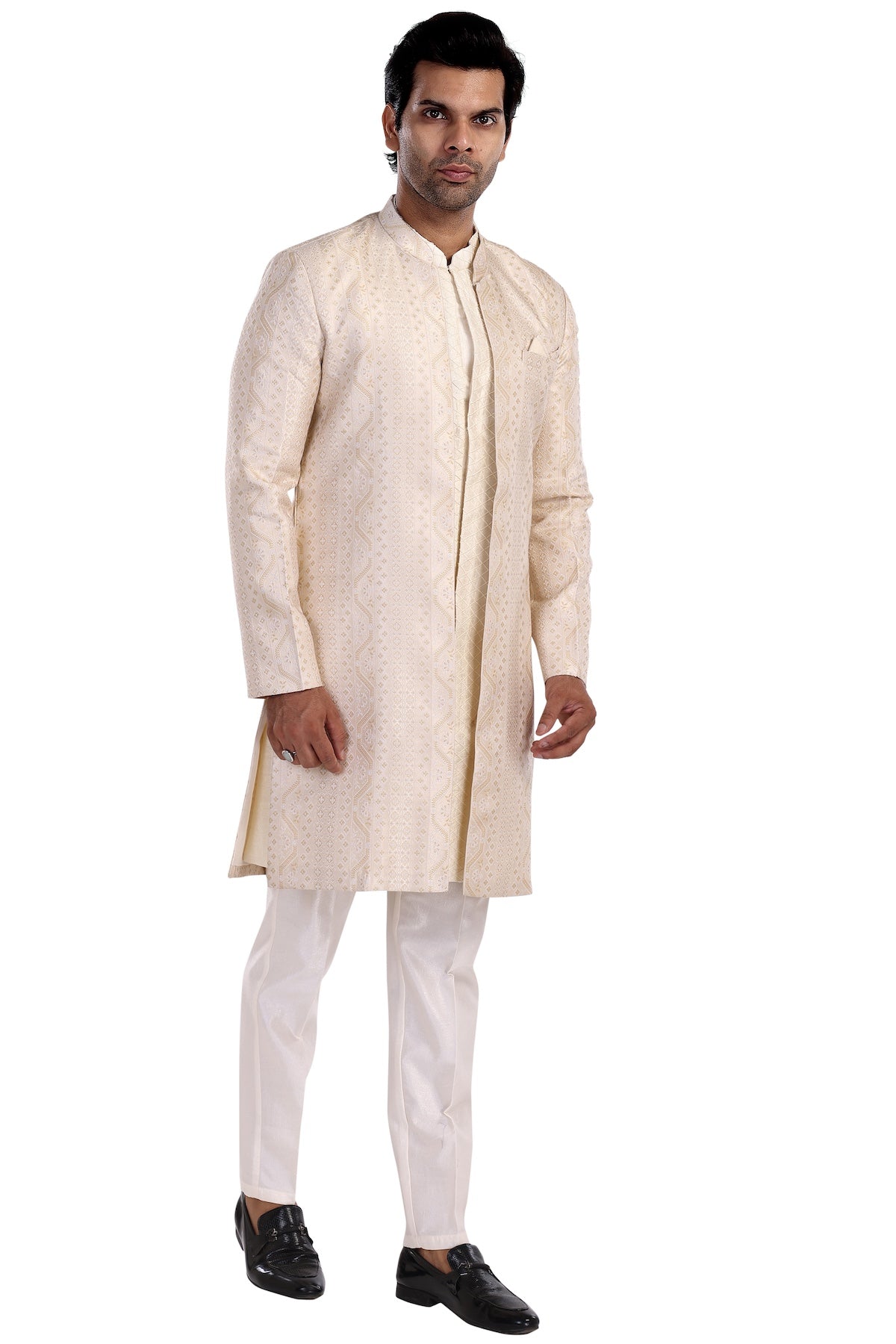 OATMEAL WHITE KURTA LONG JACKET PYJAMA SET