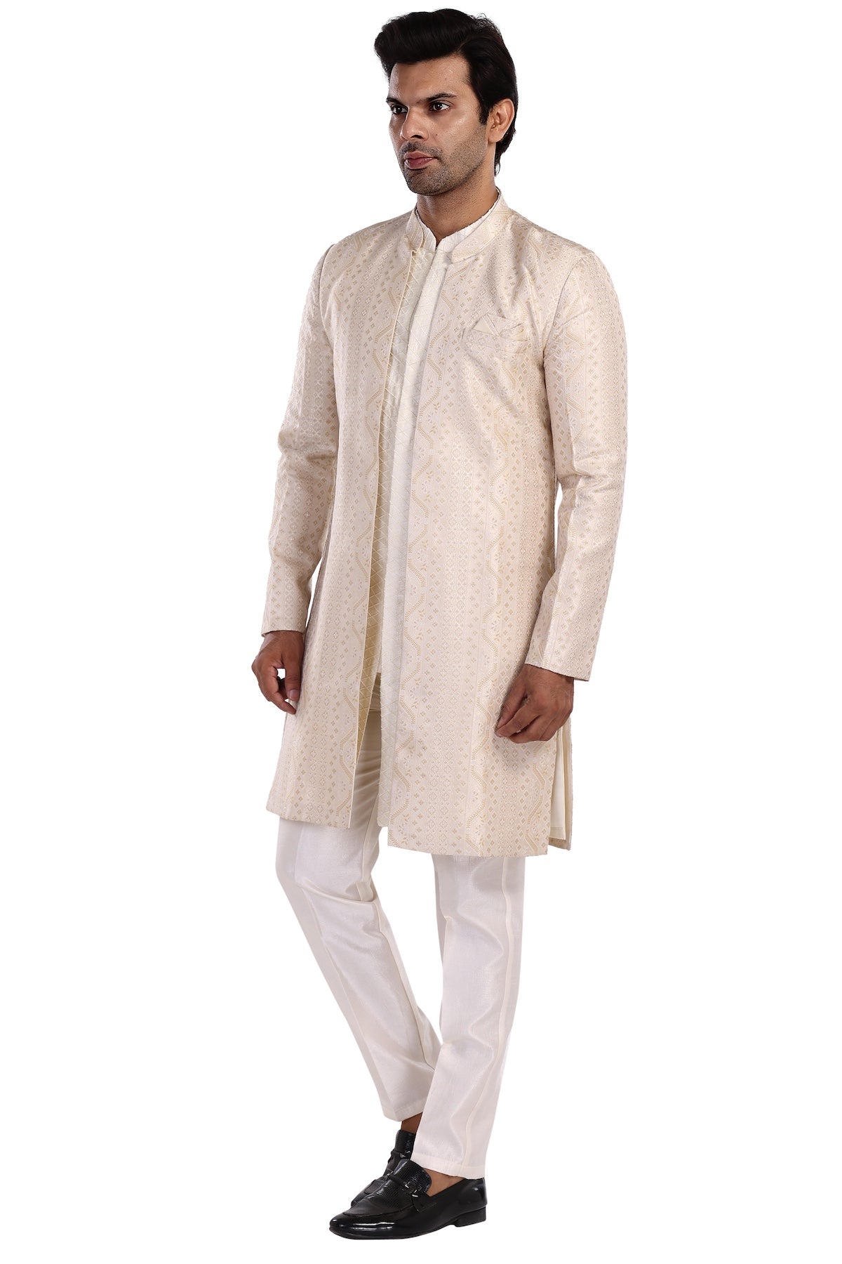 OATMEAL WHITE KURTA LONG JACKET PYJAMA SET