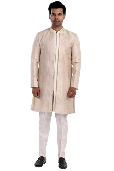 OATMEAL WHITE KURTA LONG JACKET PYJAMA SET