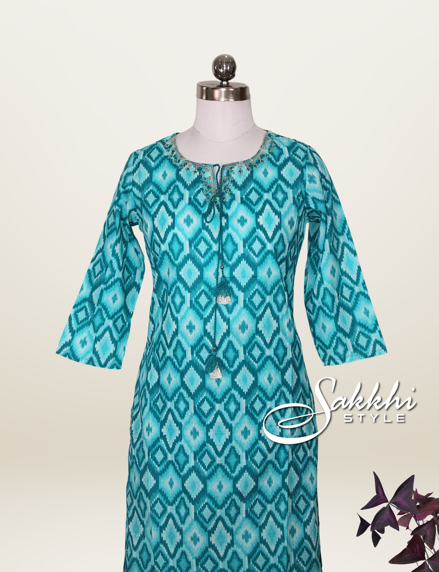 SEA BLUE COTTON KURTI SET WITH PATOLA PRINTS