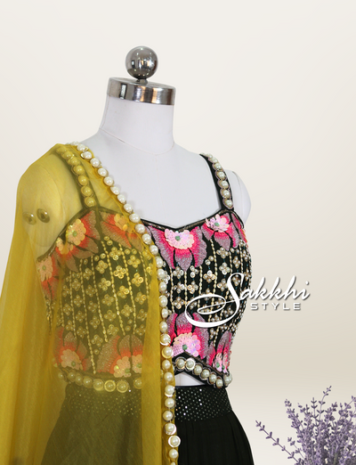 GREEN LEHENGA CHOLI WITH EMBROIDERED BLOUSE AND YELLOW DUPATTA