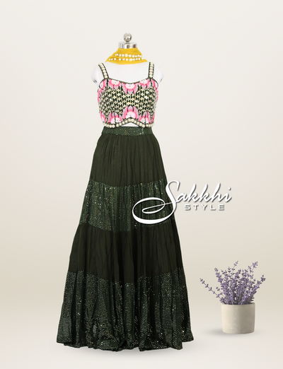GREEN LEHENGA CHOLI WITH EMBROIDERED BLOUSE AND YELLOW DUPATTA