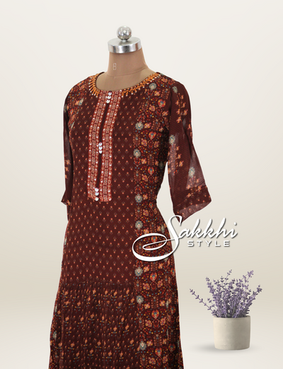 PRINTED GEORGETTE GOWN IN BROWN HUES