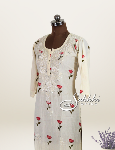 HALF WHITE COTTON KURTI WITH FLORAL PRINTS