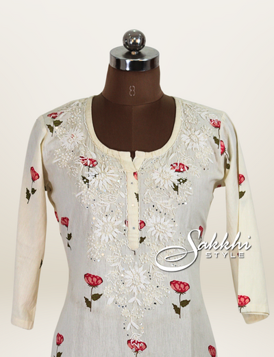 HALF WHITE COTTON KURTI WITH FLORAL PRINTS