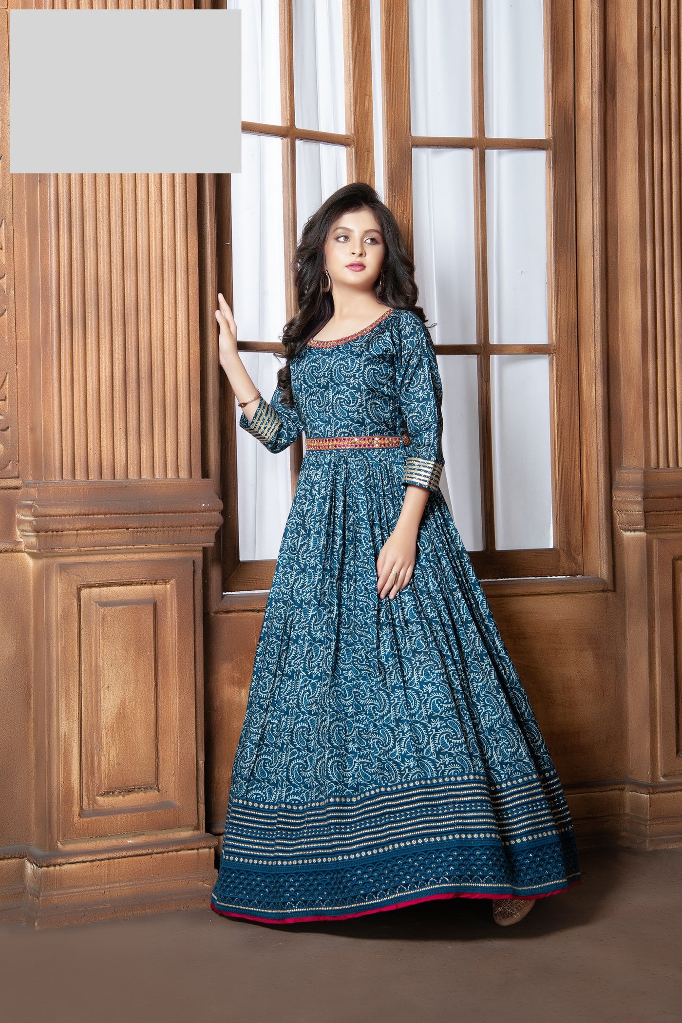 BLUE FULL LENGTH GOWN WITH DIGITAL PRINTS