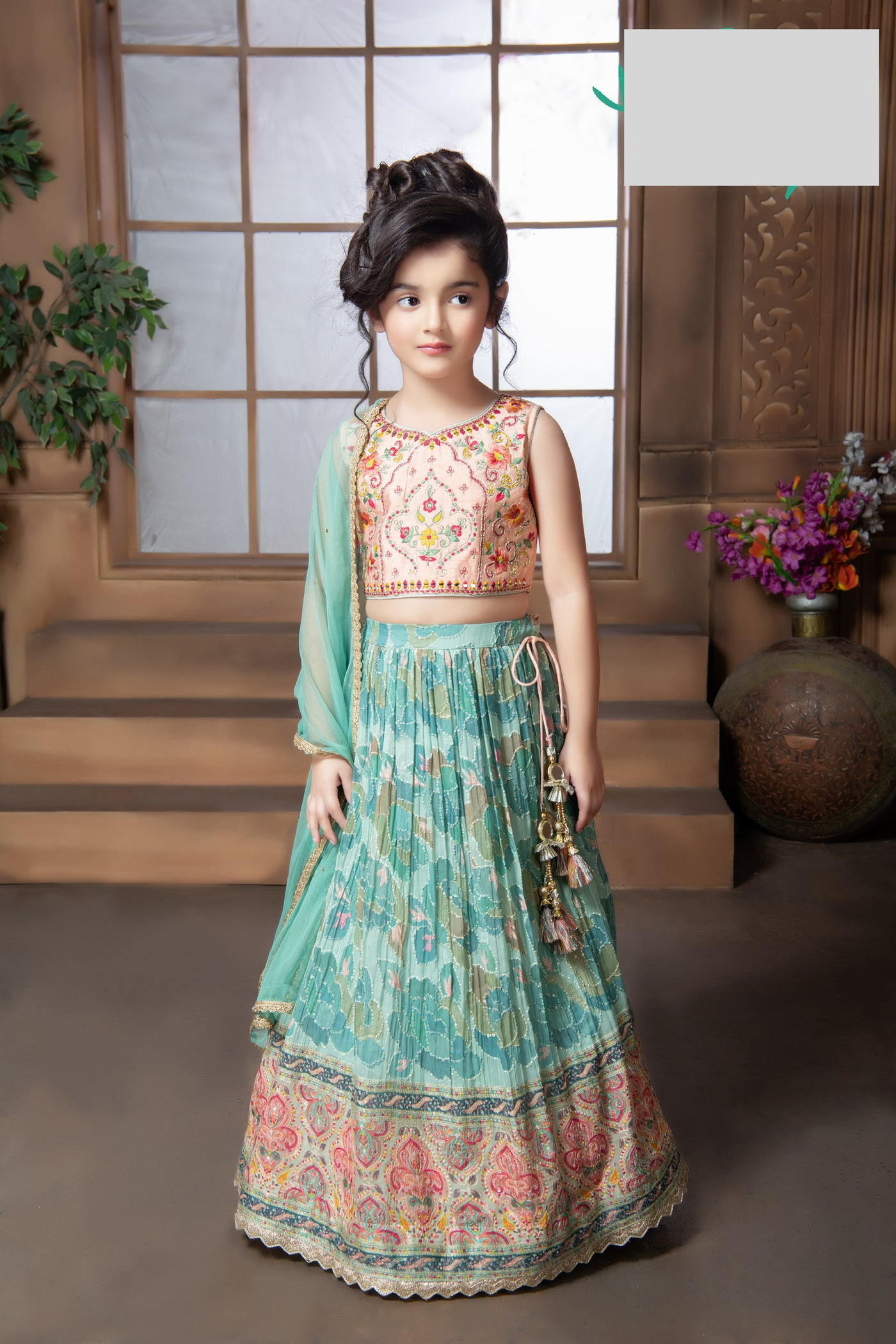 THREE PIECE LEHENGA CHOLI SET IN BLUE AND PEACH