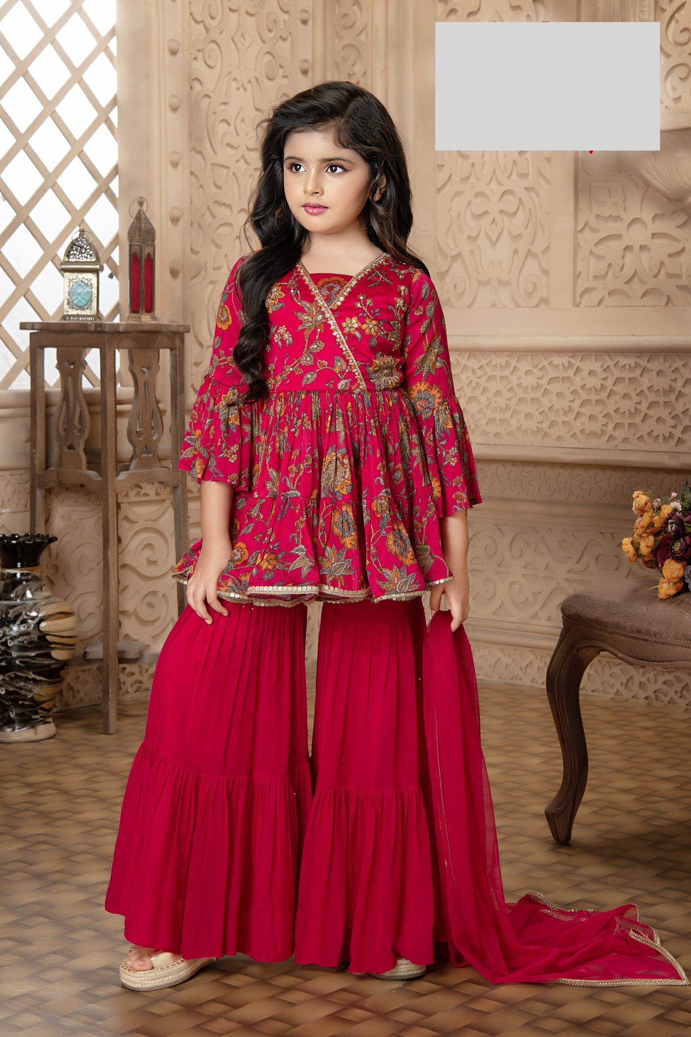RED COLORED GHARARA SET WITH FLORAL PRINTS