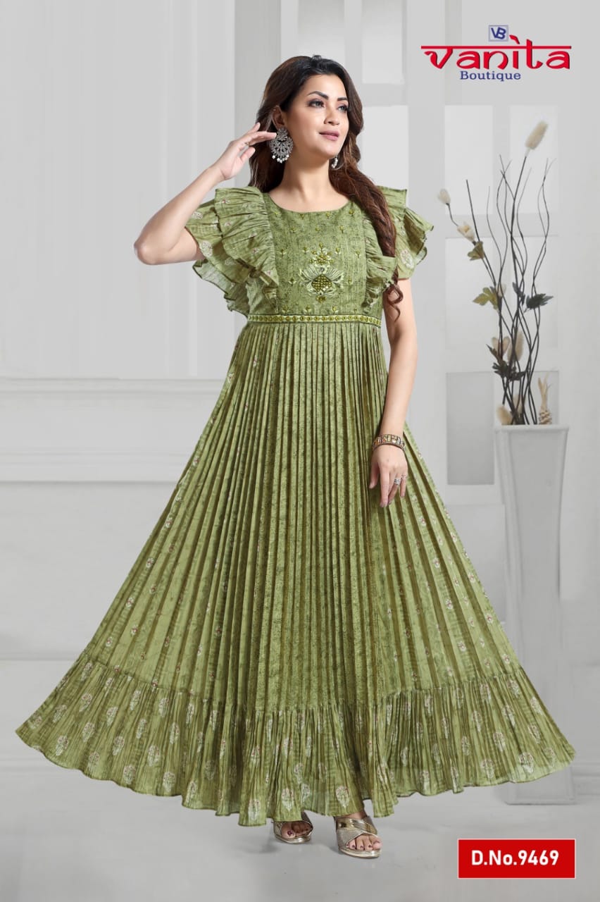 GREEN COLORED FULL LENGTH KURTI WITH RUFFLE SLEEVES LOL