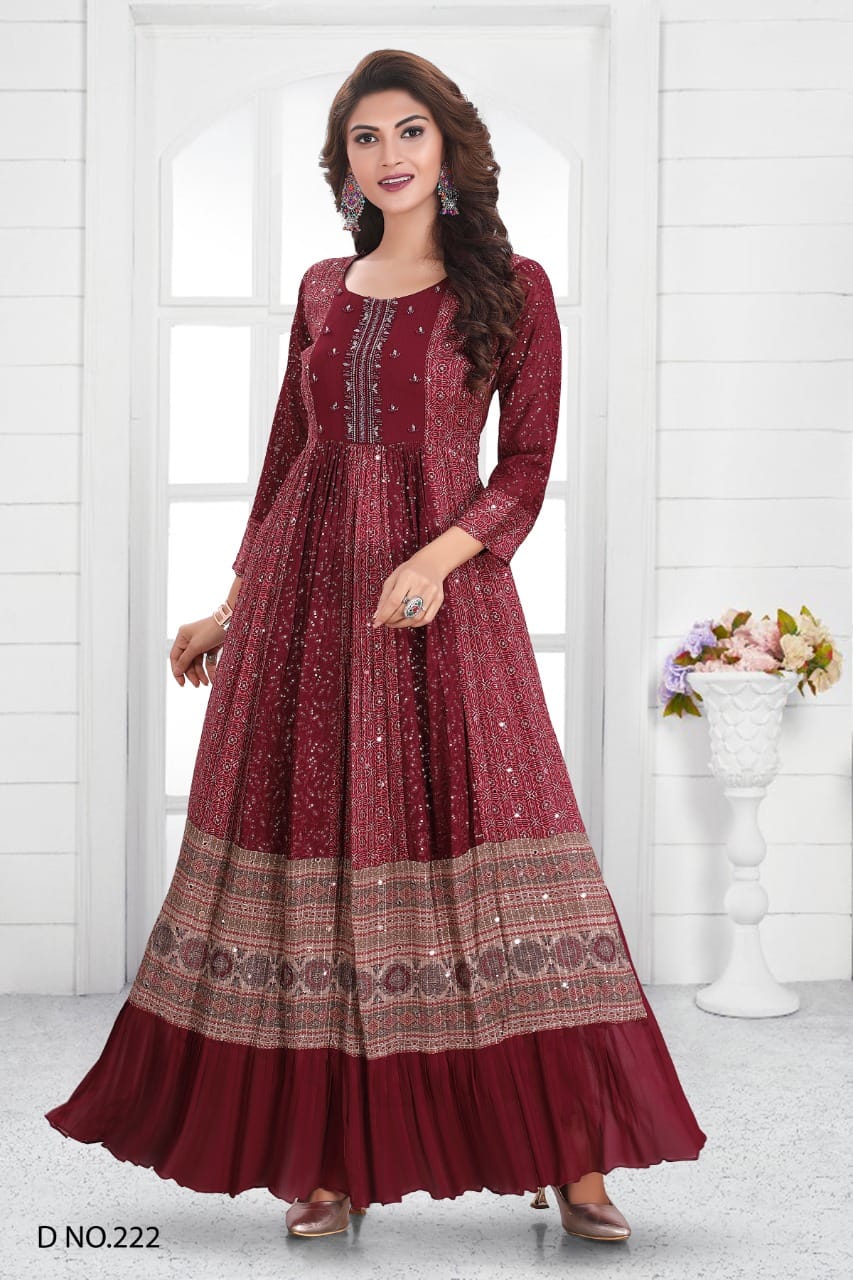 MAROON COLORED FULL LENGTH KURTI WITH ELBOW LENGTH SLEEVES