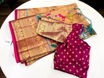 PEACH COLORED PICHWAI DIGITAL PRINT SAREE WITH MAROON COLORED STITCHED BLOUSE