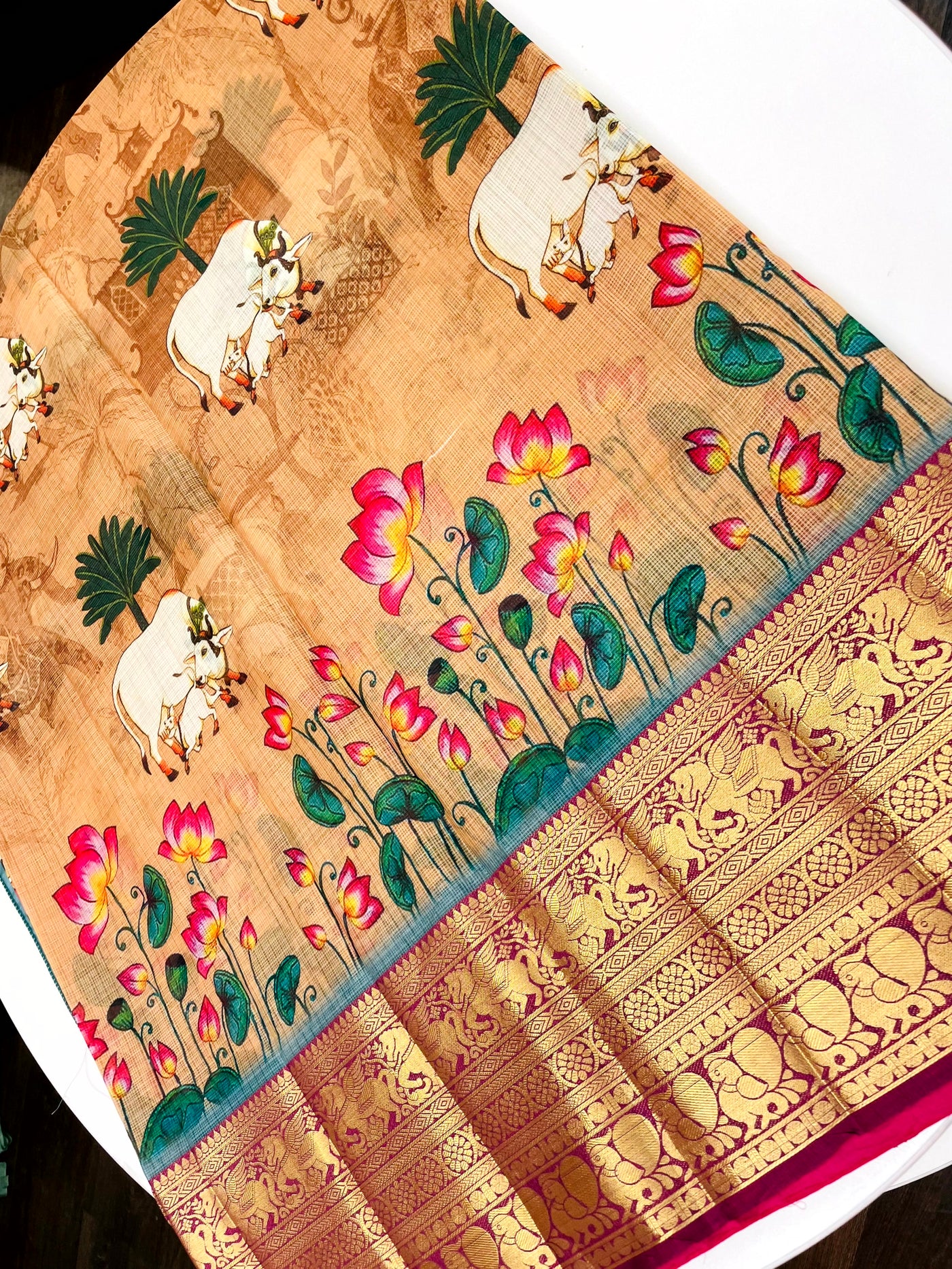 PEACH COLORED PICHWAI DIGITAL PRINT SAREE WITH MAROON COLORED STITCHED BLOUSE