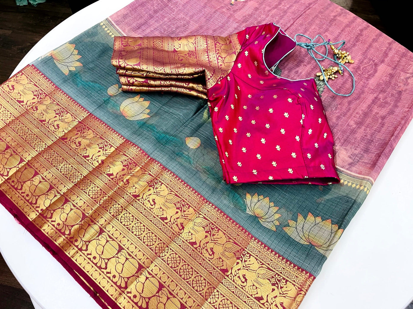 RUBY PINK PICHWAI DIGITAL PRINT SAREE WITH MAROON COLORED STITCHED BLOUSE