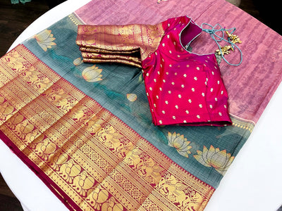 RUBY PINK PICHWAI DIGITAL PRINT SAREE WITH MAROON COLORED STITCHED BLOUSE