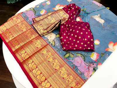 PALE BLUE PICHWAI DIGITAL PRINT SAREE WITH MAROON COLORED STITCHED BLOUSE