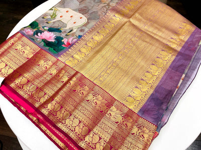 TAUPE HUED PICHWAI DIGITAL PRINT SAREE WITH MAROON COLORED STITCHED BLOUSE