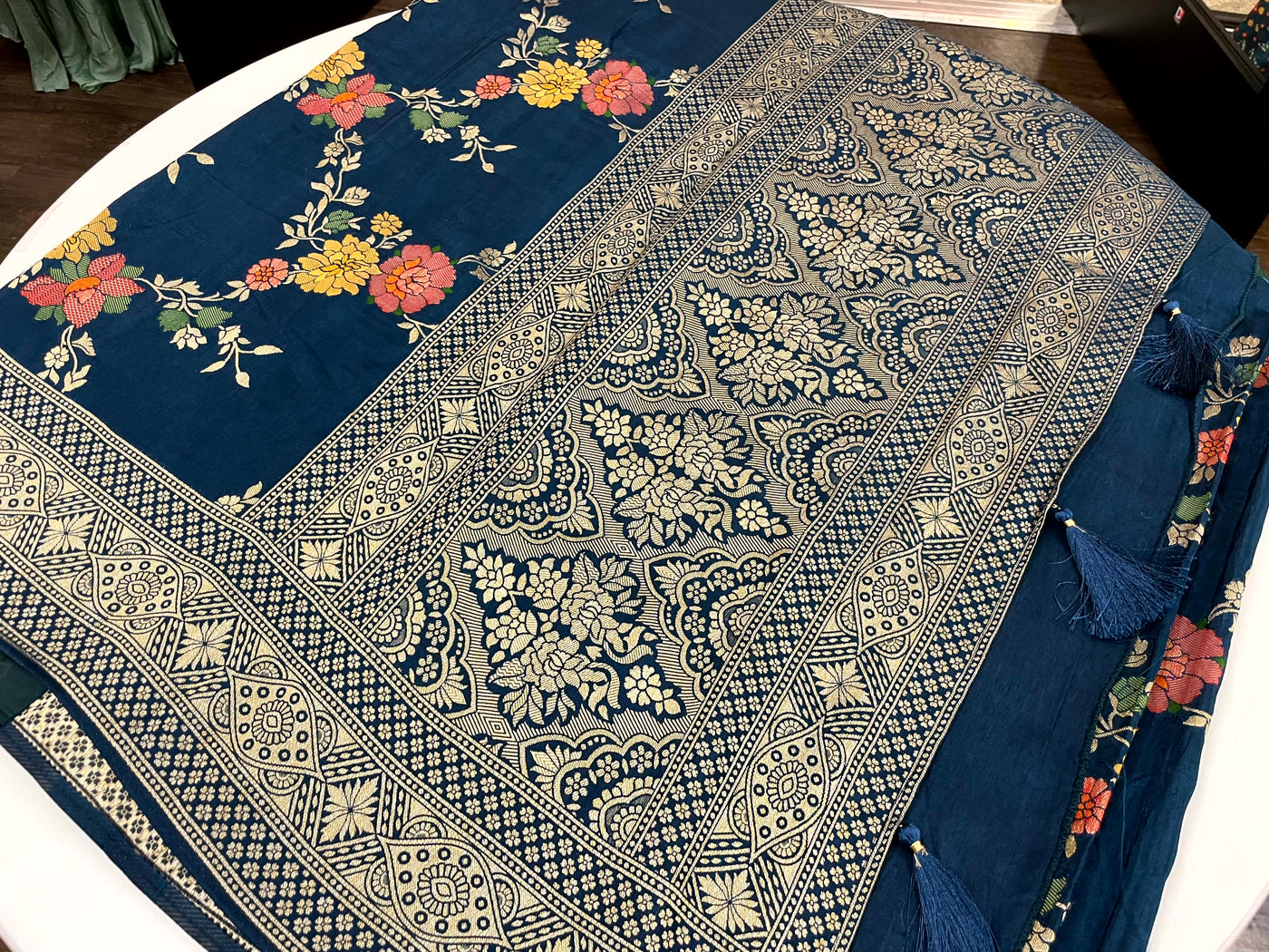 PRUSSIAN BLUE BANARASI SOFT SILK SAREE WITH ORANGE BLOUSE