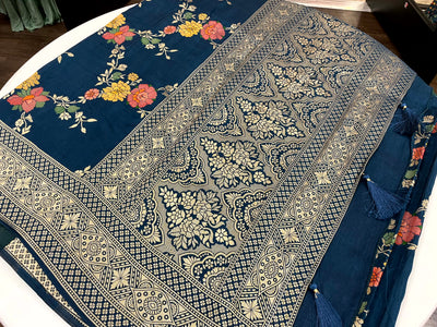 PRUSSIAN BLUE BANARASI SOFT SILK SAREE WITH ORANGE BLOUSE