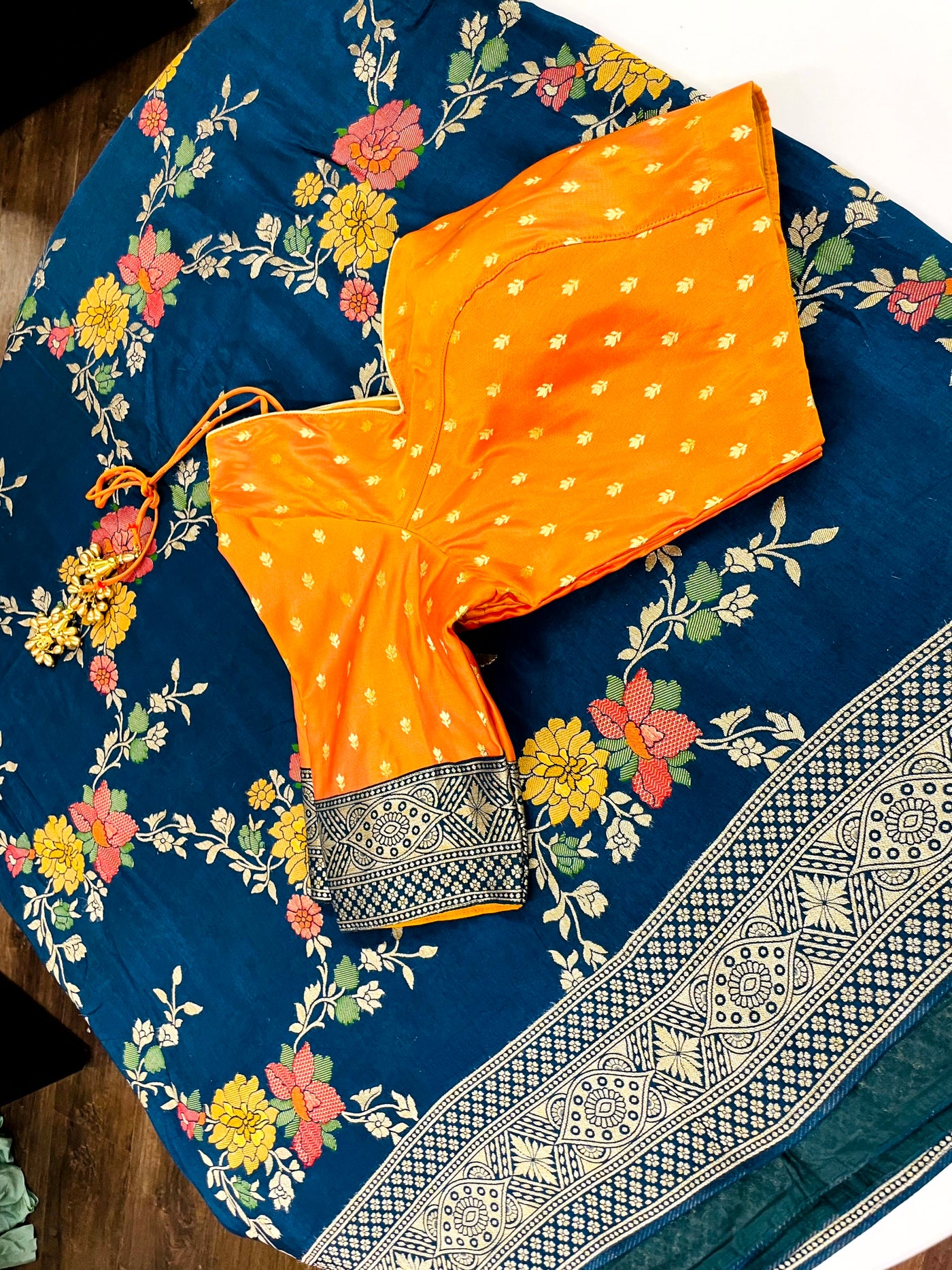 PRUSSIAN BLUE BANARASI SOFT SILK SAREE WITH ORANGE BLOUSE
