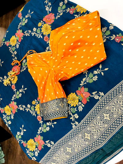 PRUSSIAN BLUE BANARASI SOFT SILK SAREE WITH ORANGE BLOUSE