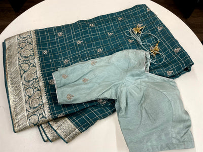 PINE BLUE COLORED GEORGETTE SAREE WITH ZARI CHECKS