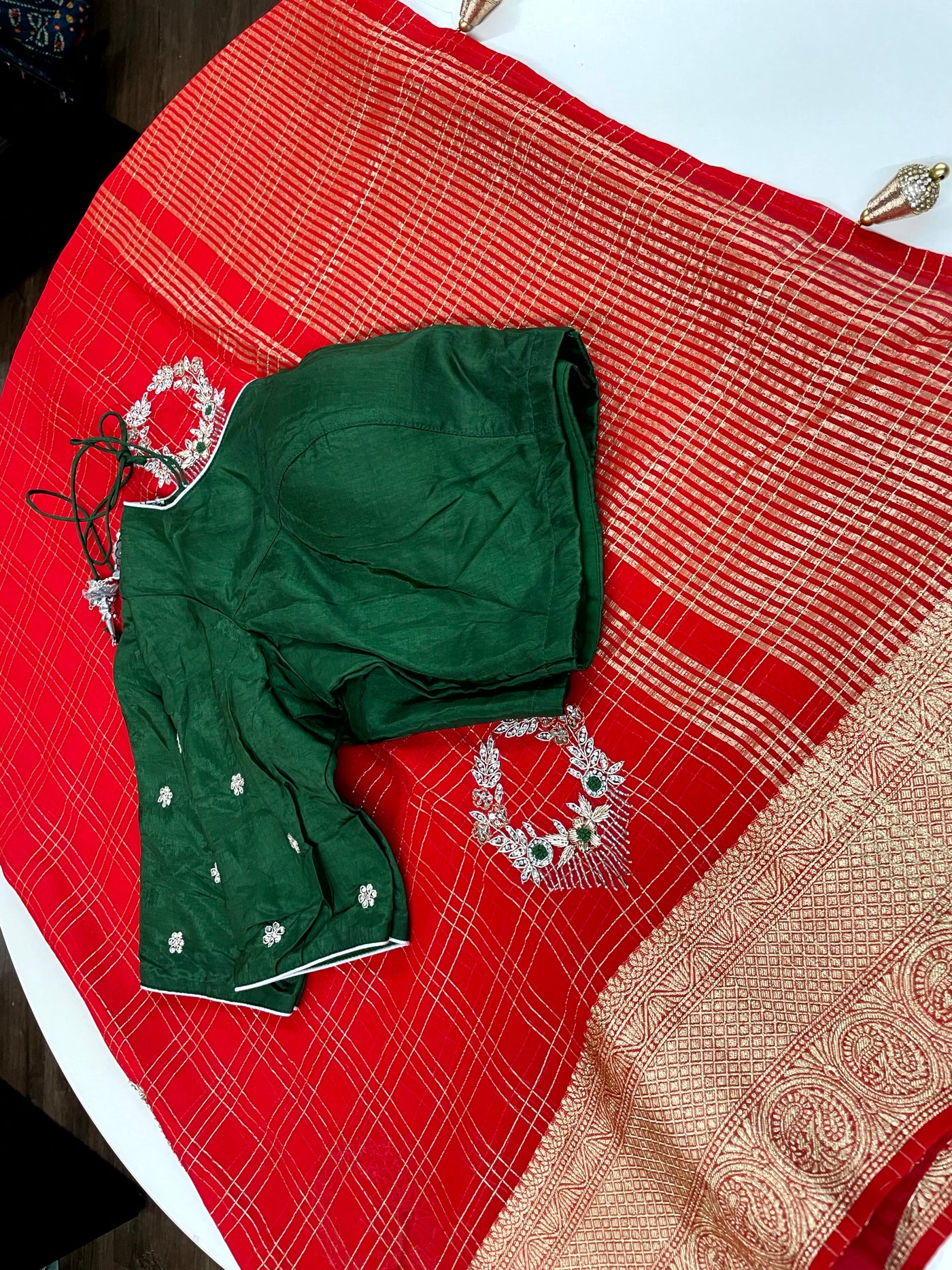 RED COLORED GEORGETTE SAREE WITH ZARI CHECKS PAIRED WITH GREEN BLOUSE