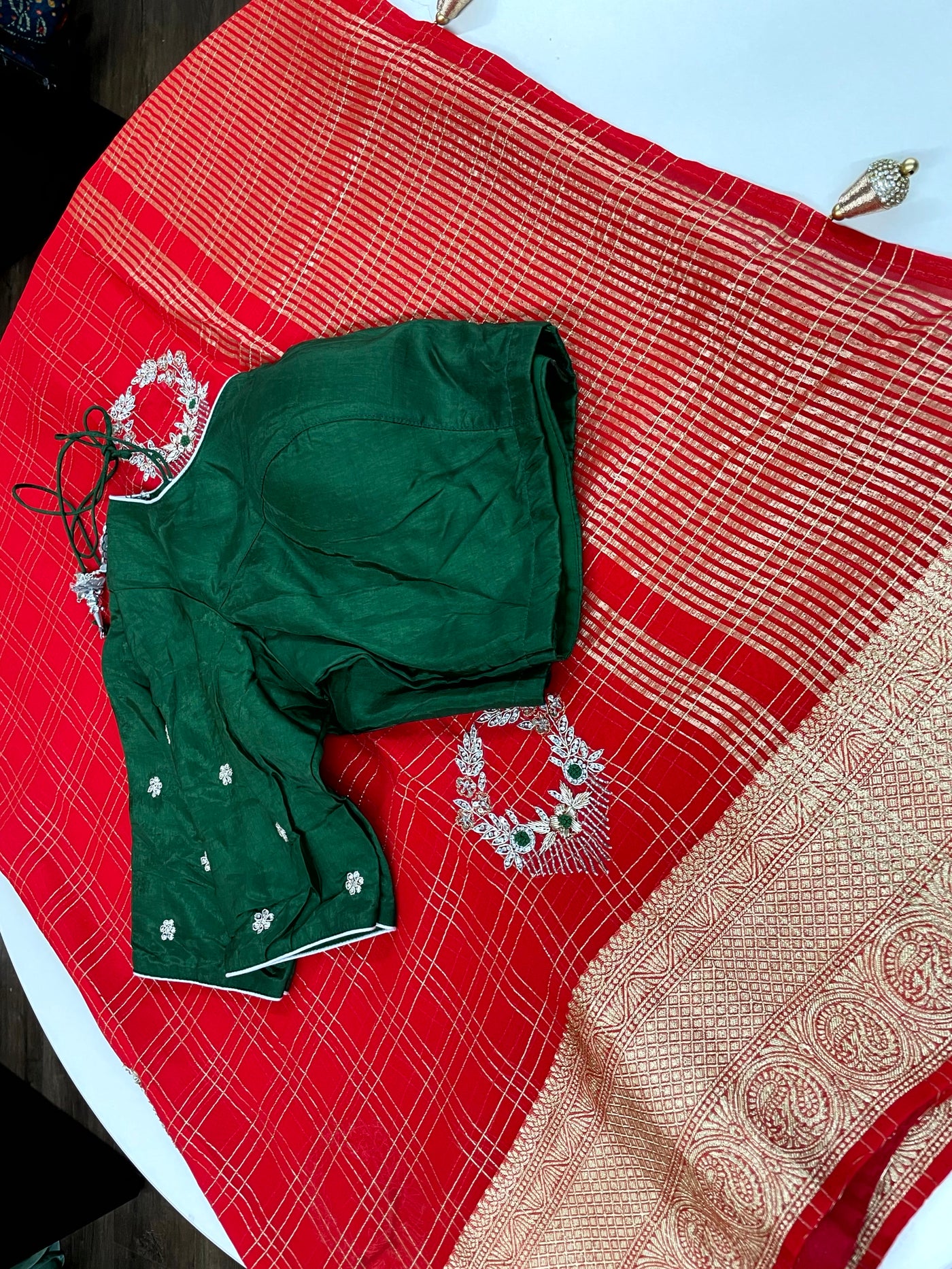RED COLORED GEORGETTE SAREE WITH ZARI CHECKS PAIRED WITH GREEN BLOUSE