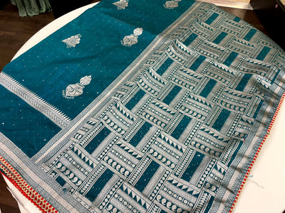 TURQUOISE COLORED TUSSAR SILK SAREE PAIRED WITH RED BLOUSE