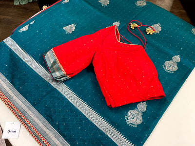 TURQUOISE COLORED TUSSAR SILK SAREE PAIRED WITH RED BLOUSE