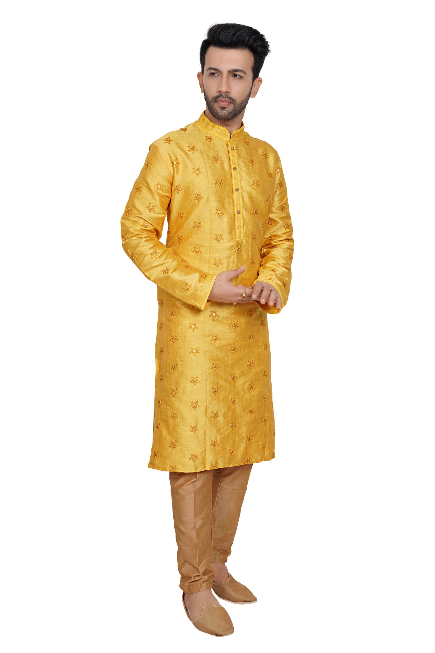 GOLDEN YELLOW SILK KURTA PYJAMA SET WITH EMBROIDERED BUTTIS