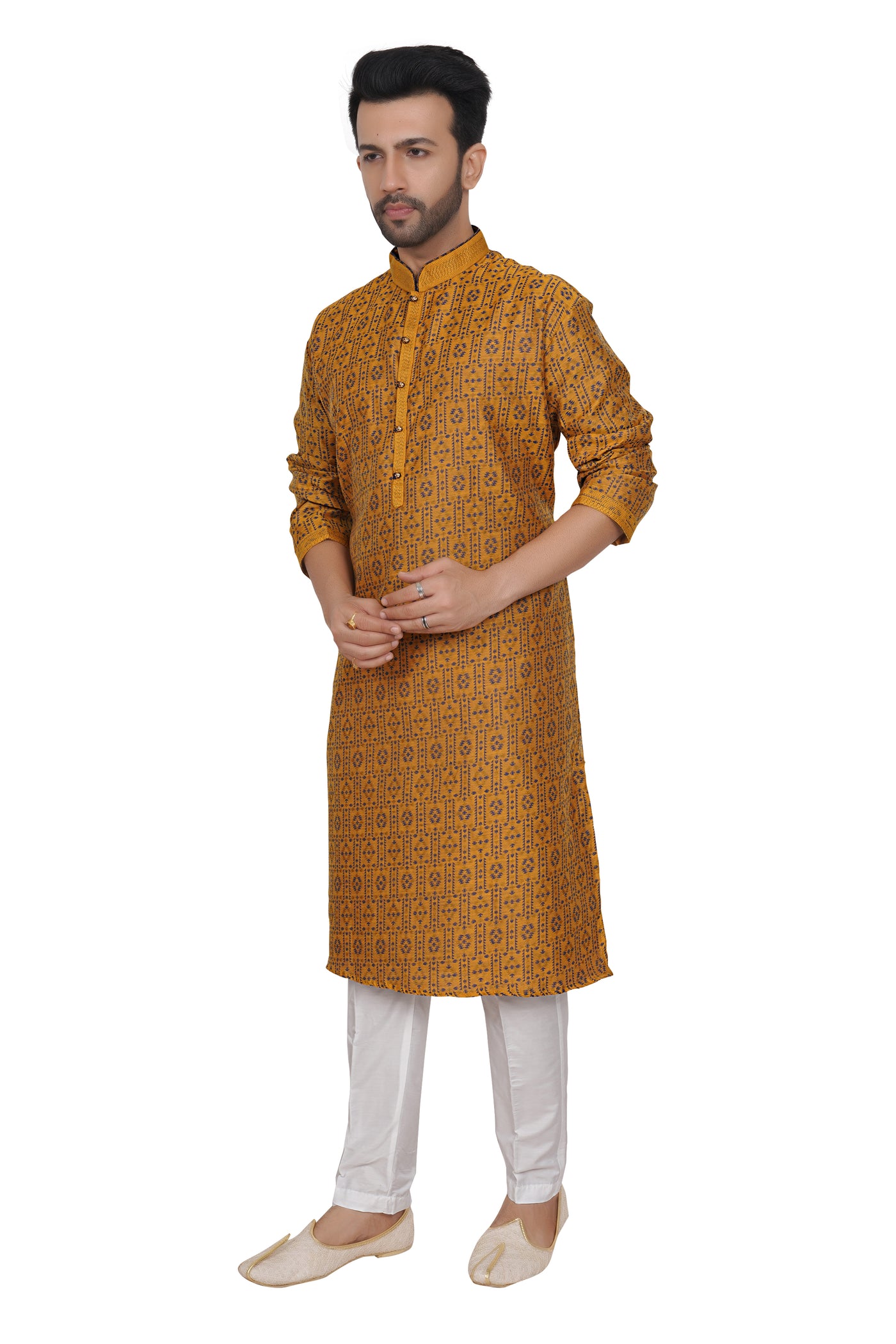 MUSTARD YELLOW KURTA PYJAMA SET WITH GEOMETRICAL PRINTS
