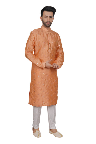 PEACH COLORED KURTA PYJAMA SET WITH EMBROIDERED FLORAL BUTTIS