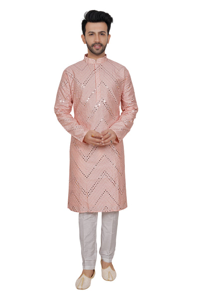 LIGHT PEACH COLORED KURTA PYJAMA SET WITH MIRROR WORK