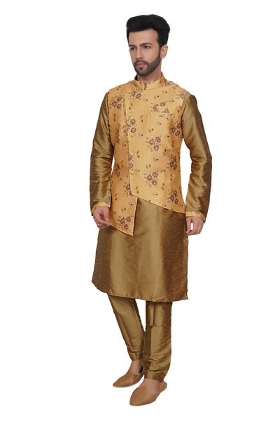 BRONZE PARTY WEAR KURTA PYJAMA SET WITH FLORAL JACKET